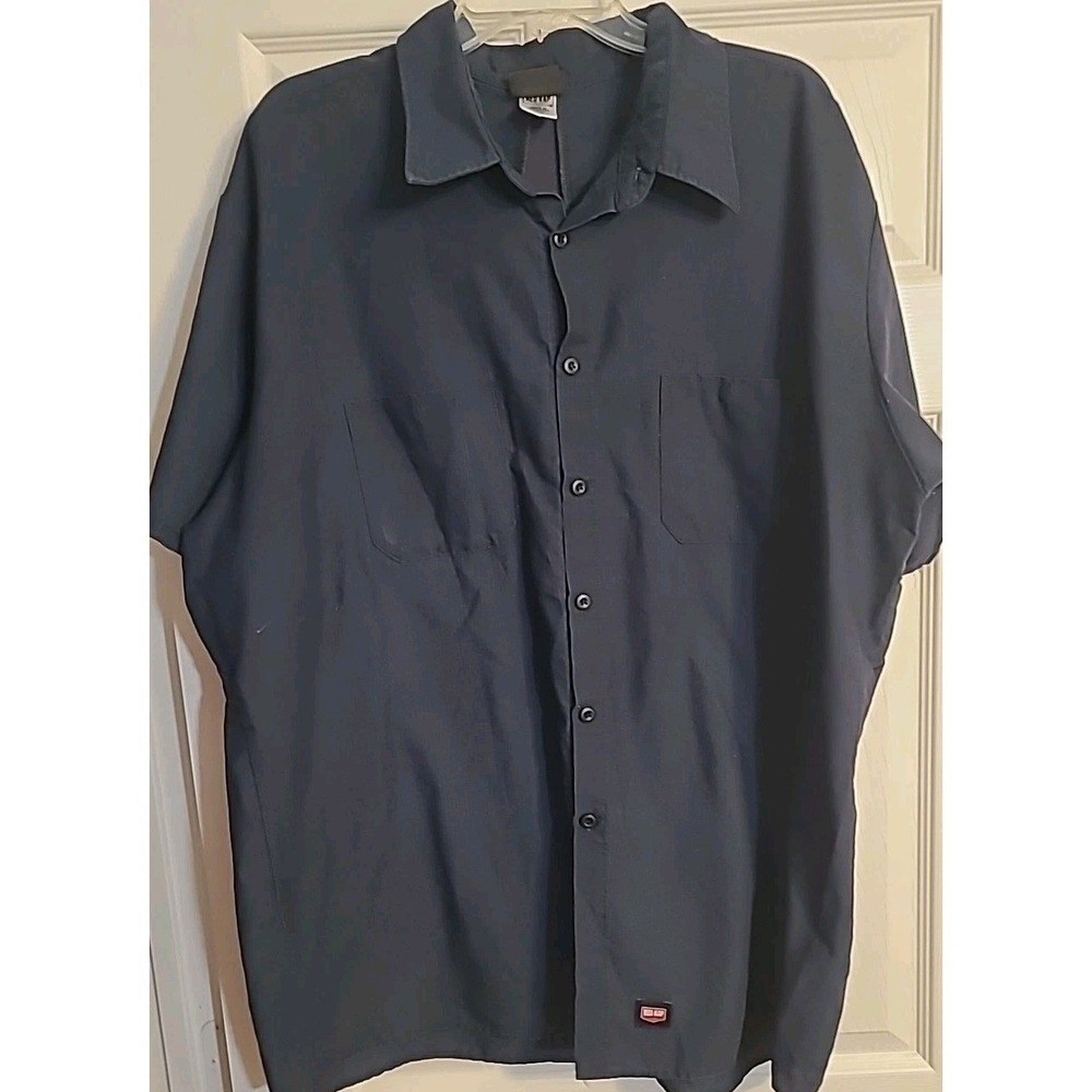 Red Kap Shirt Mens Size XL Dark Blue Pin Striped Button Up Short Sleeve Mimix
